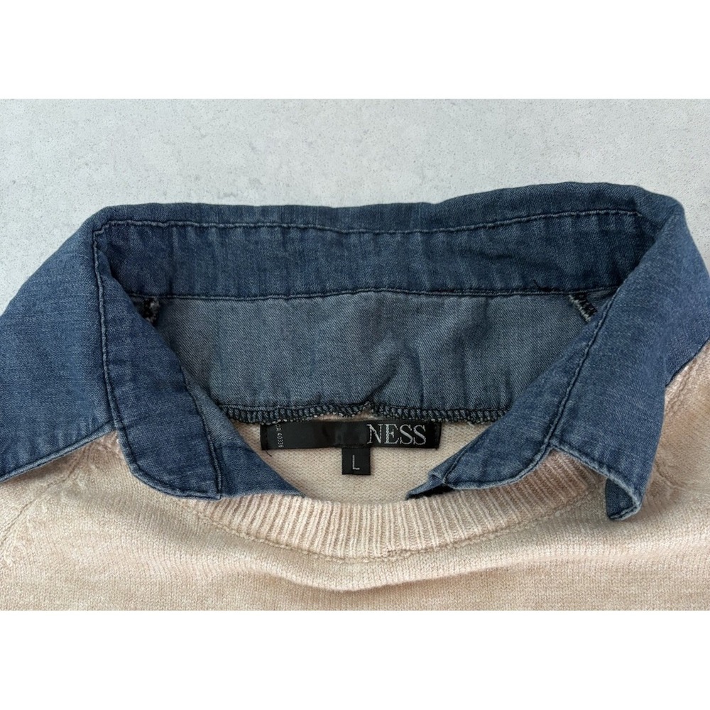Ness Light Oatmeal Knit 3D knit appliqué Beanie Denim Shirt Collar Large Sweater - Picture 4 of 13